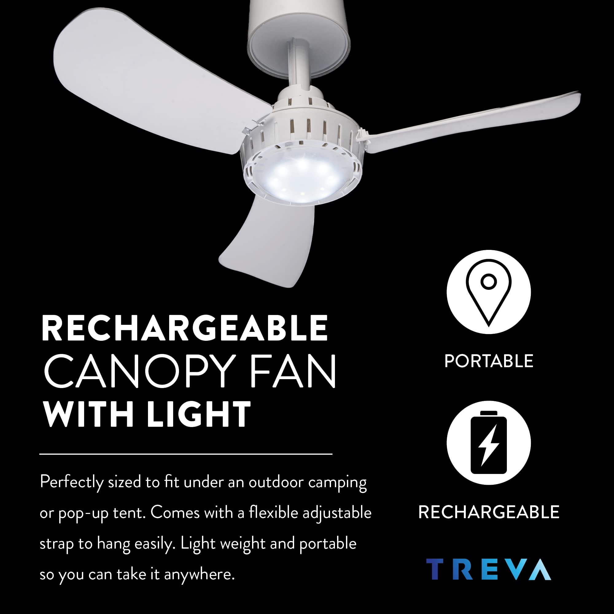 Treva Rechargeable 15 in Canopy Fan Easy to Assemble Portable Ceiling Fan For Your Outdoor Canopy Tent and Gazebo, Remote Control, 2 Speed Setting with LED Lighting No Tools Required