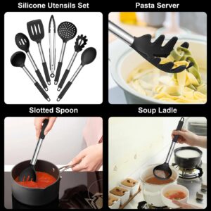 E-far Silicone Cooking Utensils Set, 7 Pcs Heat Resistant Kitchen Utensils with Stainless Steel Handle, Slotted Turner, Spoon, Soup Ladle, Pasta Server, Skimmer, Tongs for Nonstick Cookware, Black