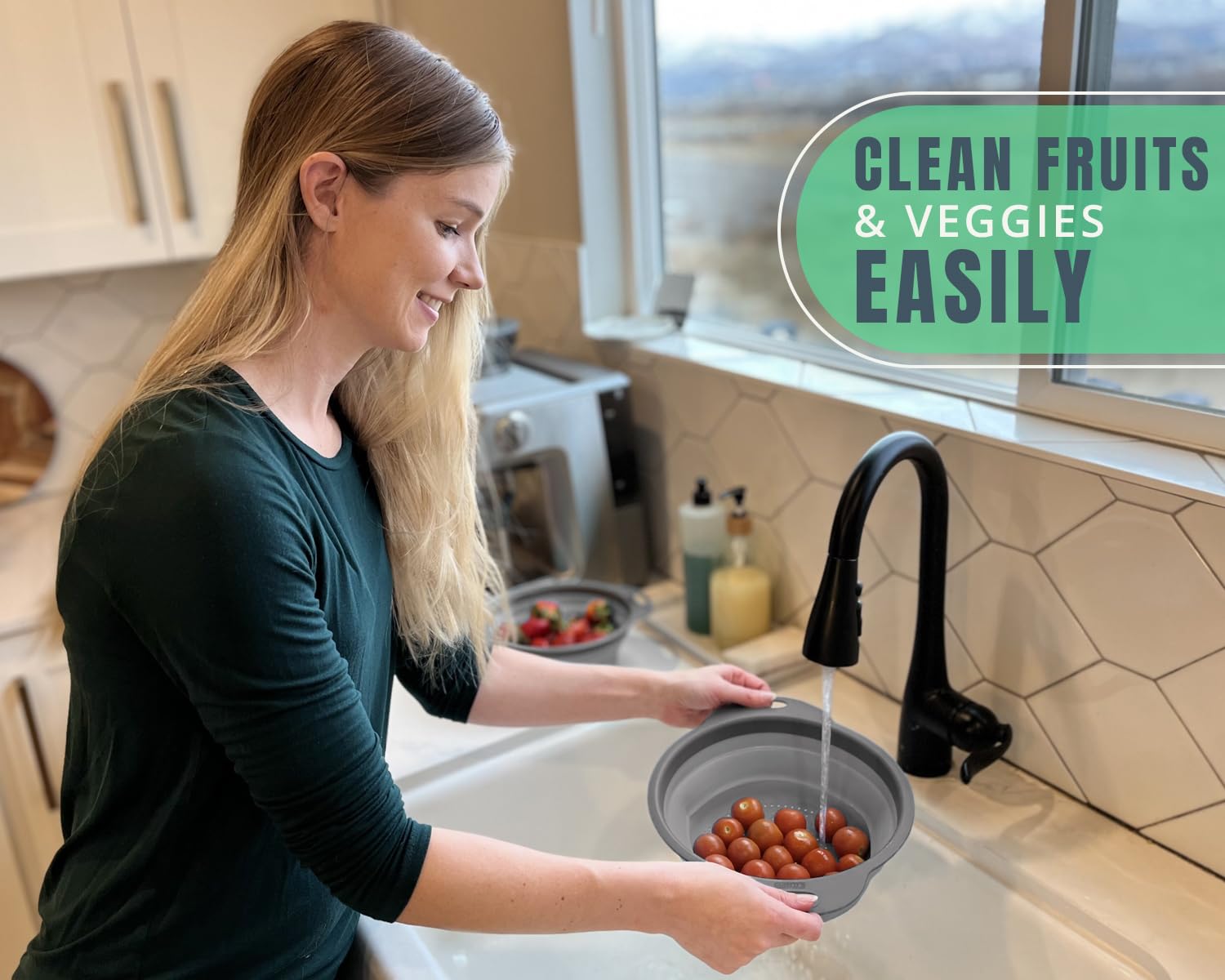 Ultimate Kitchen Strainers Set of 2 - Collapsible Silicone Colanders For Easy Storage by Comfify - Use with Pasta & Veggies or as a Fruit or Berry Bowl with Strainer - Irreplaceable for Campers - Gray