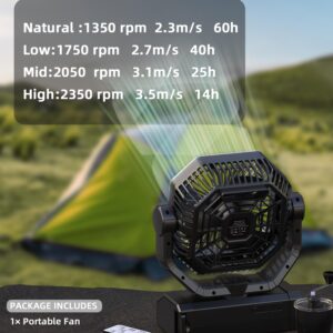 Portable Rechargeable Fan - 9-Inch Camping Fan with Light - 60Hrs 20000mAh Battery Operated Fan for Camping - Outdoor - Tent Fan with Remote, 4 Speeds, 4 Timing, Shaking Head Camp Fan for Tent