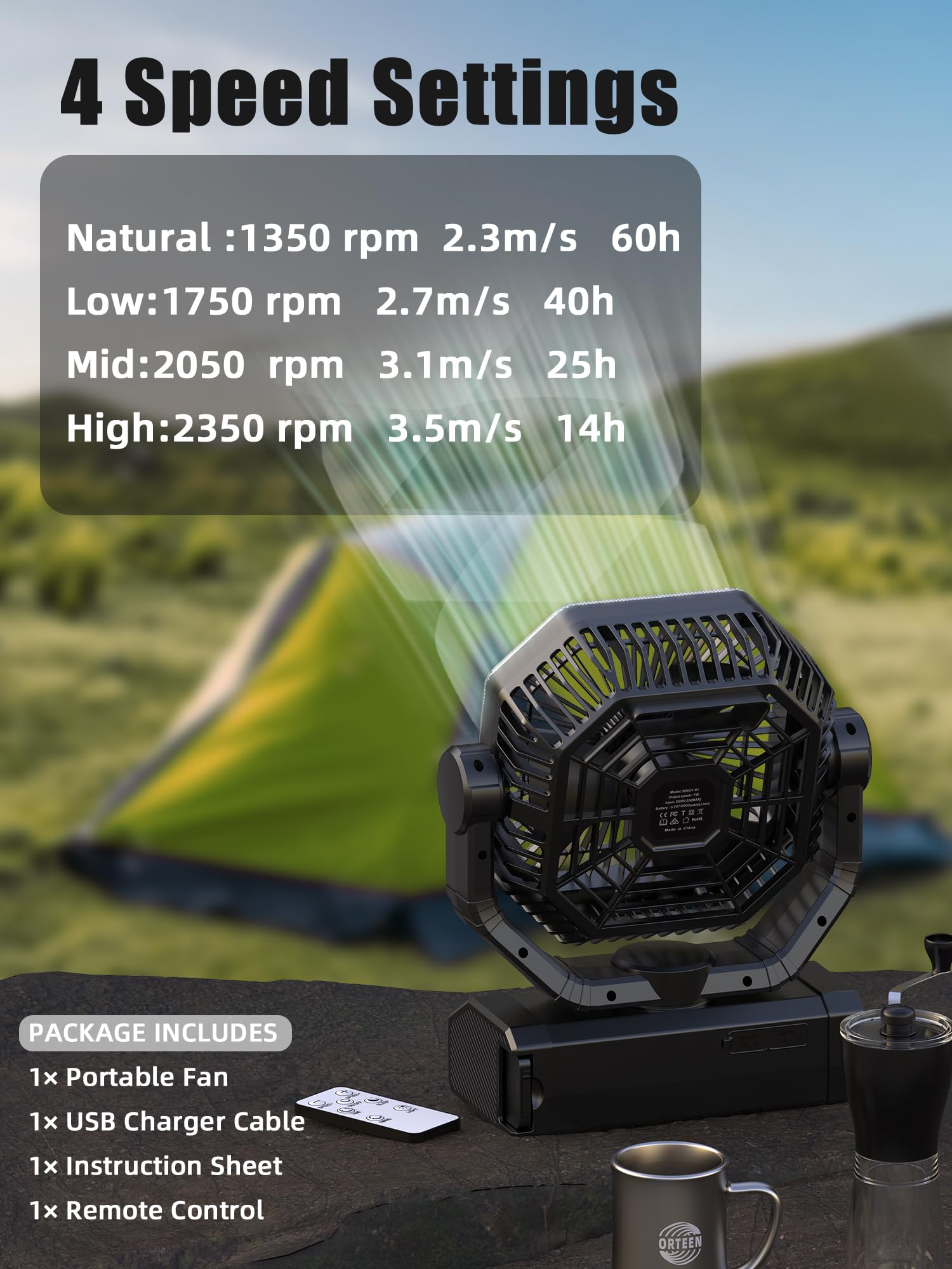 Portable Rechargeable Fan - 9-Inch Camping Fan with Light - 60Hrs 20000mAh Battery Operated Fan for Camping - Outdoor - Tent Fan with Remote, 4 Speeds, 4 Timing, Shaking Head Camp Fan for Tent