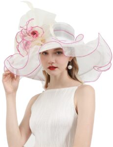 rzta women's kentucky derby church dress hat wide brim leaf flower bridal shower hat 01white,pink