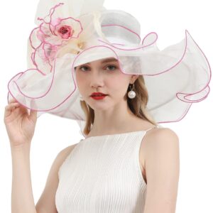 RZTA Women's Kentucky Derby Church Dress Hat Wide Brim Leaf Flower Bridal Shower Hat 01White,Pink