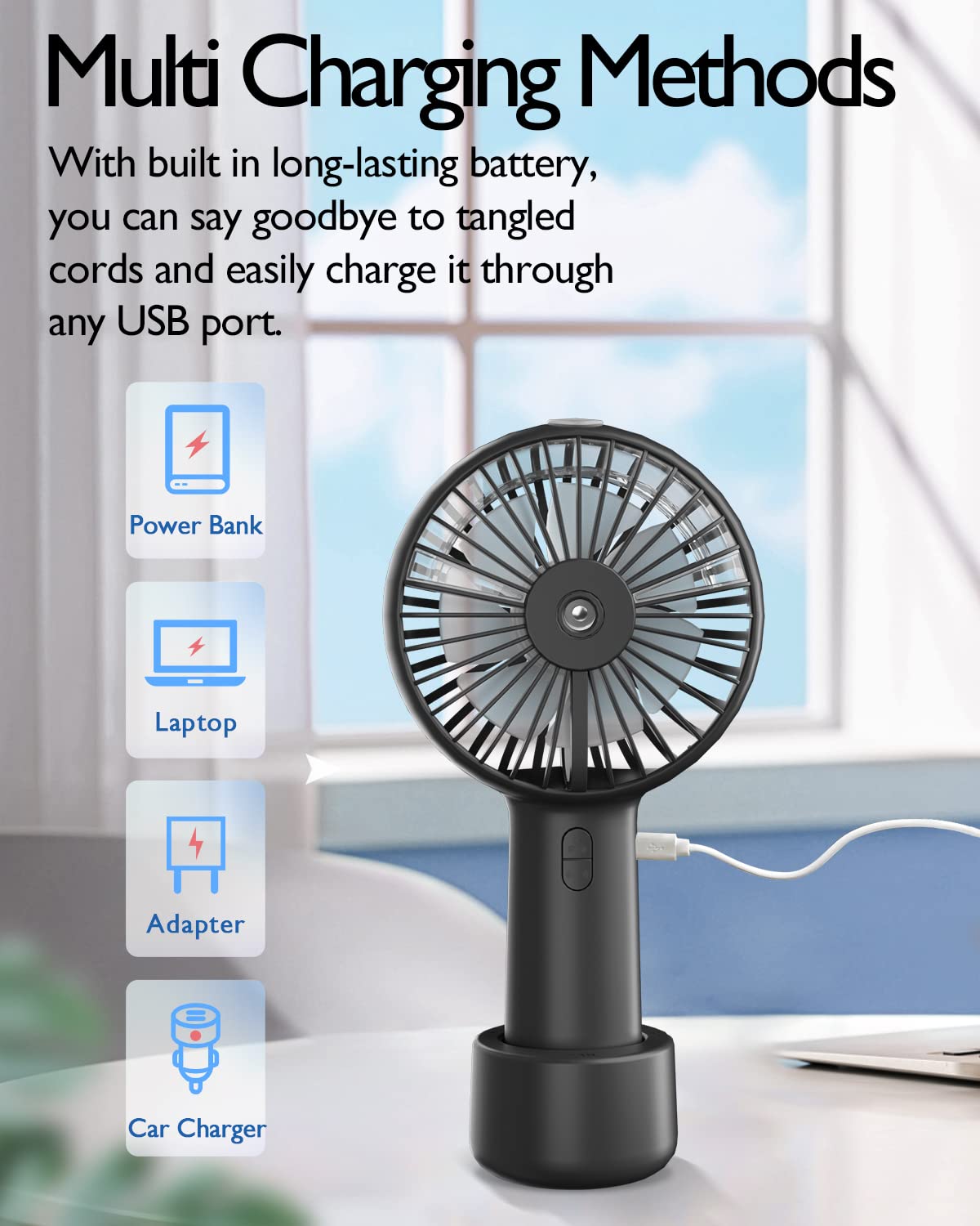 Portable Hand held Misting Fan, Small Personal USB Rechargeable Battery Operated Spray Fan Mister with 20ml Water Tank Mist Lash Fan Quiet 3 Speed Strong Cooling Wind for Travel Office Outdoors black