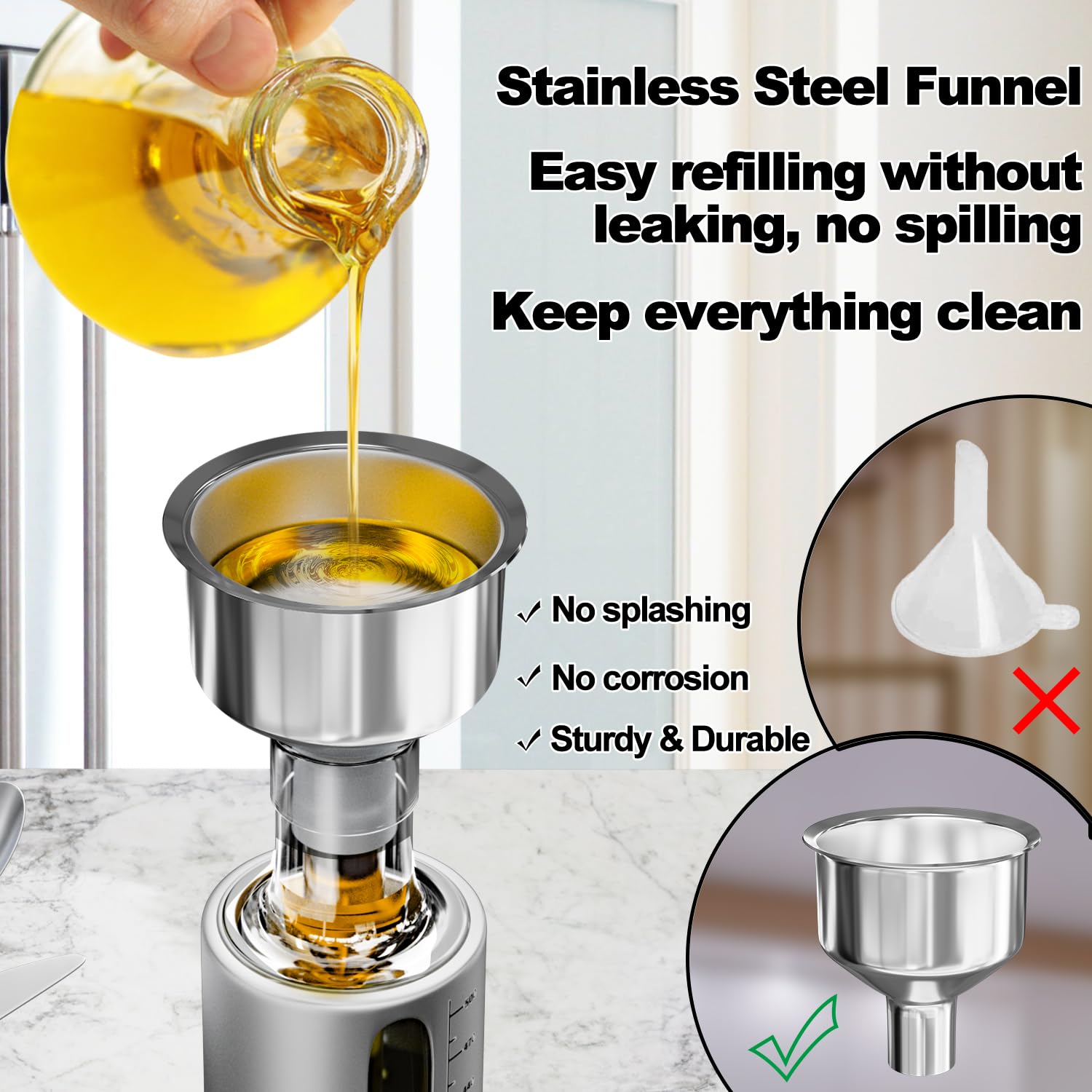 SINYWAY Oil Dispenser Bottle, 4 Pack Glass Olive Oil Dispenser Bottle with Shelf, 17oz/500 ml Oil and Vinegar Dispenser Set Wrapped in Stainless Steel Shell with Pourers, Funnel & Pen and Tags