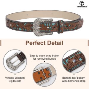 TRIWORKS Western Belts for Women Cowgirl,Cowboy Bling Country Turquoise Belts for Jeans Pants Dresses,B-Brown/Blue