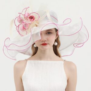 RZTA Women's Kentucky Derby Church Dress Hat Wide Brim Leaf Flower Bridal Shower Hat 01White,Pink