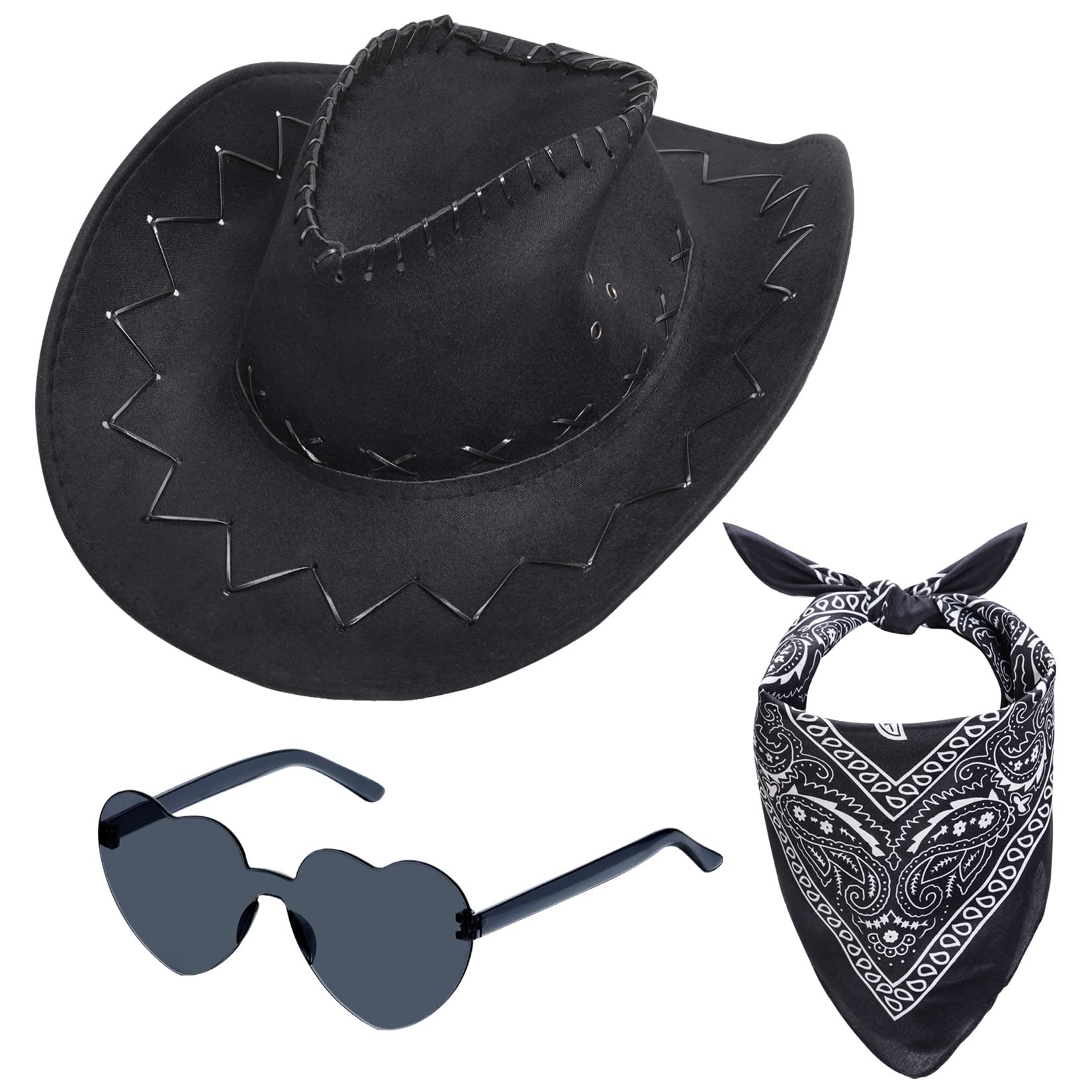 choyaxo Western Cowboy Costume Set Including Cowgirl Hat Heart Shaped Sunglasses and Bandana for Halloween，Black