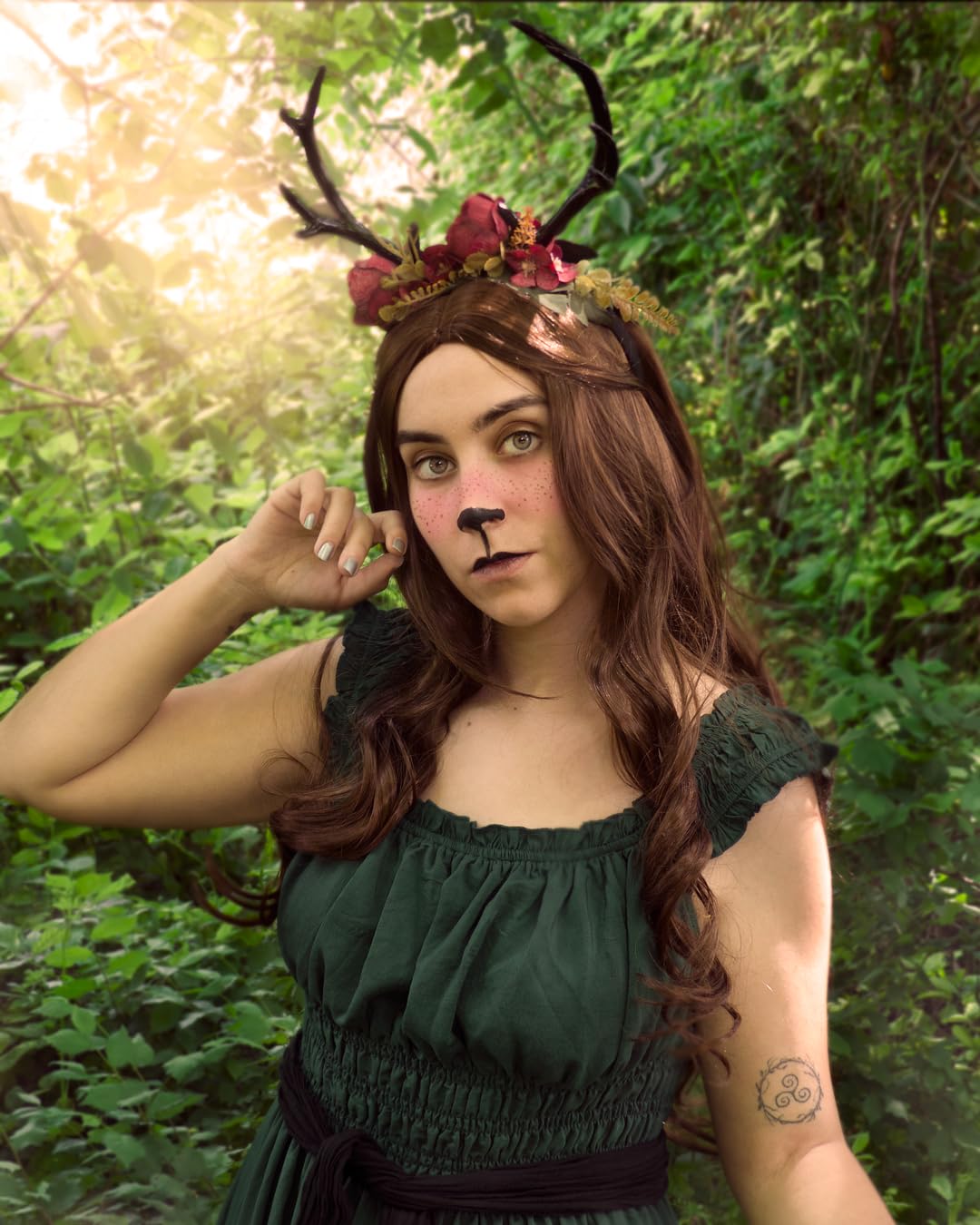 MOSTORY Handmade Dark Antler Flower Headband Fairy Floral Headpiece Black Horns Hairband Medieval Woodland Crown for Renaissance Festival Cosplay Halloween Wedding Fae Ball Masquerade