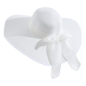 Lanzom Womens 5.5 Inches Big Bowknot Straw Hat Large Floppy Foldable Roll up Beach Cap Sun Hat UPF 50+ Fit Size 6 8/7-7 1/4(White)