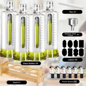 SINYWAY Oil Dispenser Bottle, 4 Pack Glass Olive Oil Dispenser Bottle with Shelf, 17oz/500 ml Oil and Vinegar Dispenser Set Wrapped in Stainless Steel Shell with Pourers, Funnel & Pen and Tags