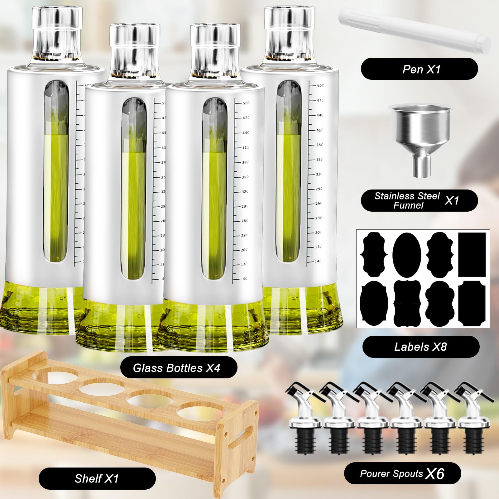 SINYWAY Oil Dispenser Bottle, 4 Pack Glass Olive Oil Dispenser Bottle with Shelf, 17oz/500 ml Oil and Vinegar Dispenser Set Wrapped in Stainless Steel Shell with Pourers, Funnel & Pen and Tags