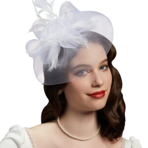 Cizoe Tea Party Fascinator Hats for Womens 50s Headwear with Veil Flower Cocktail Wedding Church Kentucky Derby Hat(02-white)