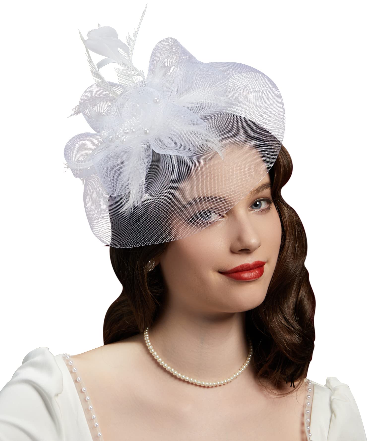 Cizoe Tea Party Fascinator Hats for Womens 50s Headwear with Veil Flower Cocktail Wedding Church Kentucky Derby Hat(02-white)