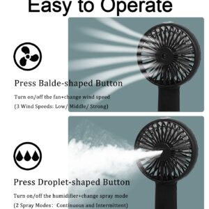 Portable Hand held Misting Fan, Small Personal USB Rechargeable Battery Operated Spray Fan Mister with 20ml Water Tank Mist Lash Fan Quiet 3 Speed Strong Cooling Wind for Travel Office Outdoors black