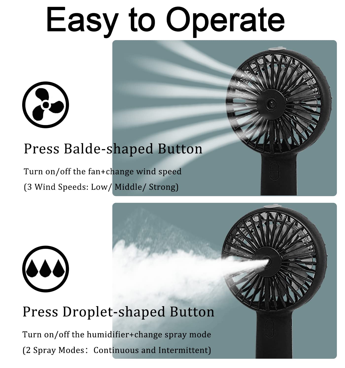 Portable Hand held Misting Fan, Small Personal USB Rechargeable Battery Operated Spray Fan Mister with 20ml Water Tank Mist Lash Fan Quiet 3 Speed Strong Cooling Wind for Travel Office Outdoors black