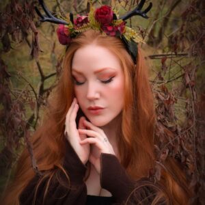 MOSTORY Handmade Dark Antler Flower Headband Fairy Floral Headpiece Black Horns Hairband Medieval Woodland Crown for Renaissance Festival Cosplay Halloween Wedding Fae Ball Masquerade