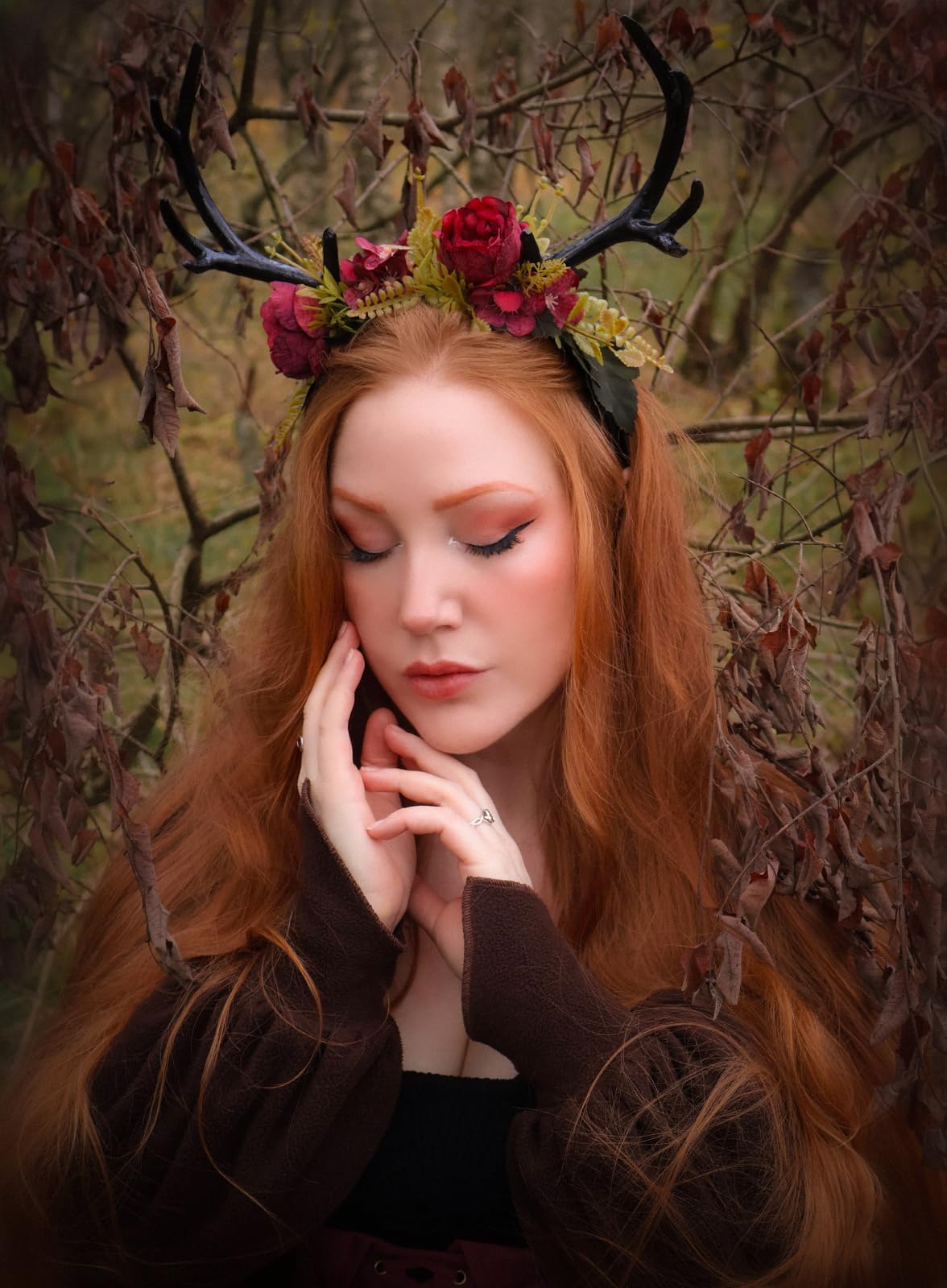 MOSTORY Handmade Dark Antler Flower Headband Fairy Floral Headpiece Black Horns Hairband Medieval Woodland Crown for Renaissance Festival Cosplay Halloween Wedding Fae Ball Masquerade