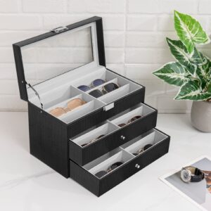 Oyydecor Sunglasses Organizer for Women Men, 3-layer 18 Slots Glasses Case Sunglass Eyeglasses Collector Eyewear Display Storage Box with Drawer Clear Glass Top, Carbon Fiber, Black