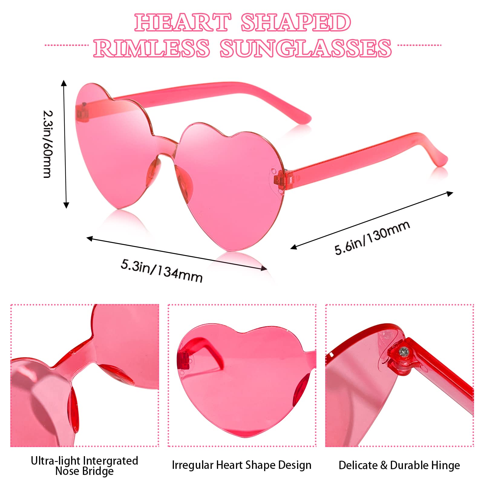 SUNOVELTIES 18 Heart Shape Rimless Sunglasses Transparent Candy Color Glasses Colorful Party Eyewear for Women