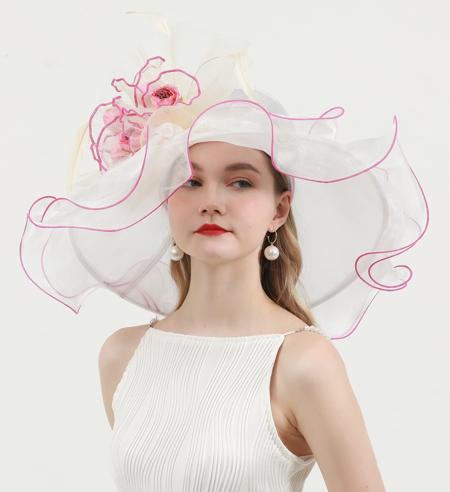 RZTA Women's Kentucky Derby Church Dress Hat Wide Brim Leaf Flower Bridal Shower Hat 01White,Pink