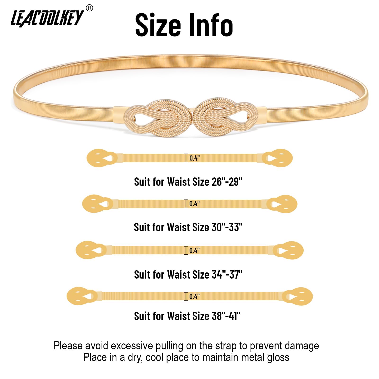 LEACOOLKEY Women Metal Skinny Belt for Dress Gold Elastic Thin Waist Belt Stretch Dress Belt