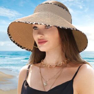 LA CARRIE Wide Brim UV Protection Sun Hats for Women with Leopard Trim Straw Roll Up Beach Visor Hat UPF 50+(Khaki with Leopard)