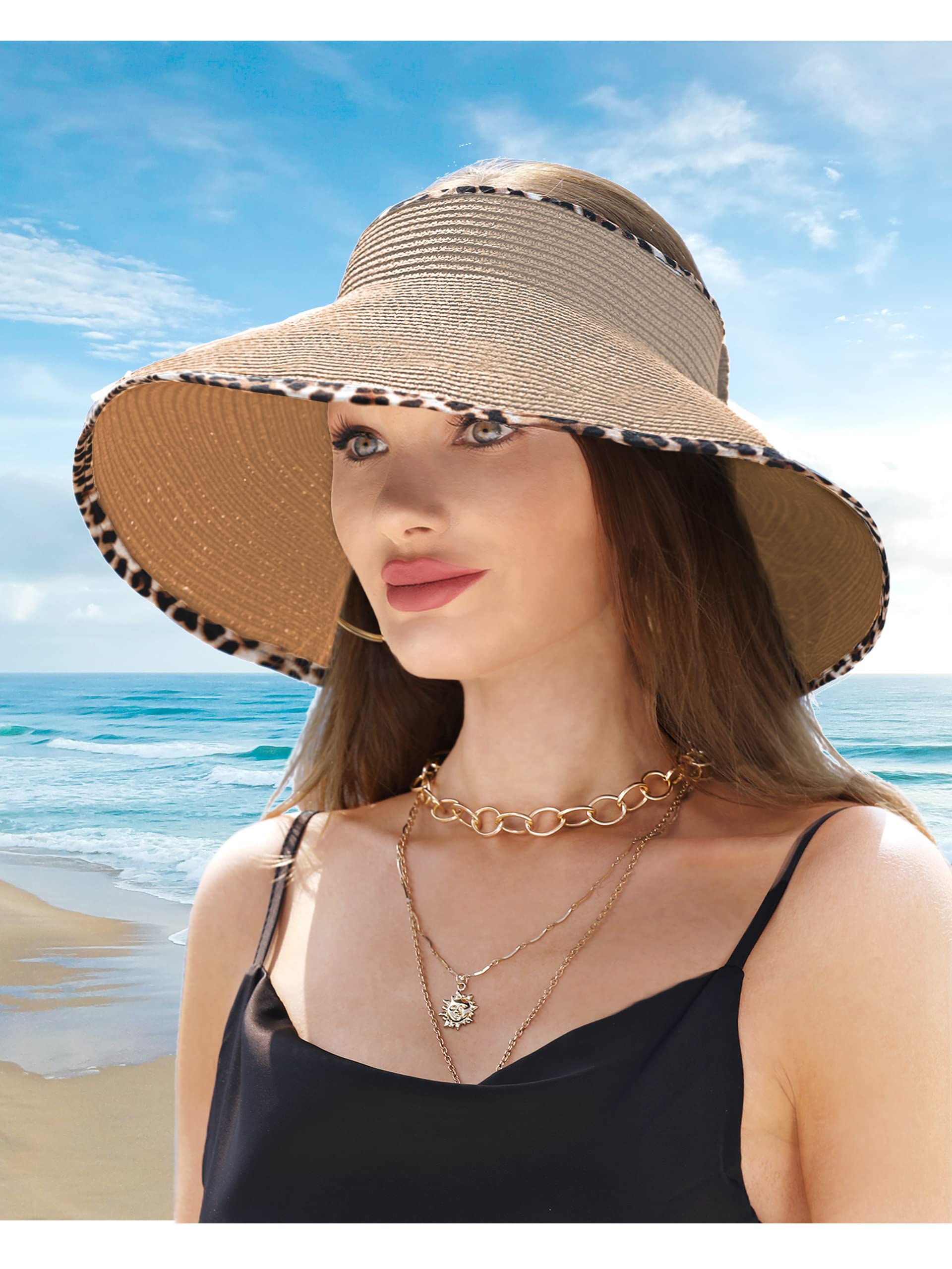 LA CARRIE Wide Brim UV Protection Sun Hats for Women with Leopard Trim Straw Roll Up Beach Visor Hat UPF 50+(Khaki with Leopard)