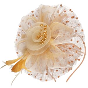 Cizoe Kentucky Derby Fascinators for Women High Tea Party Hat Wedding Cocktail Flower Headware with Mesh and Feathers(Gold&Beige)