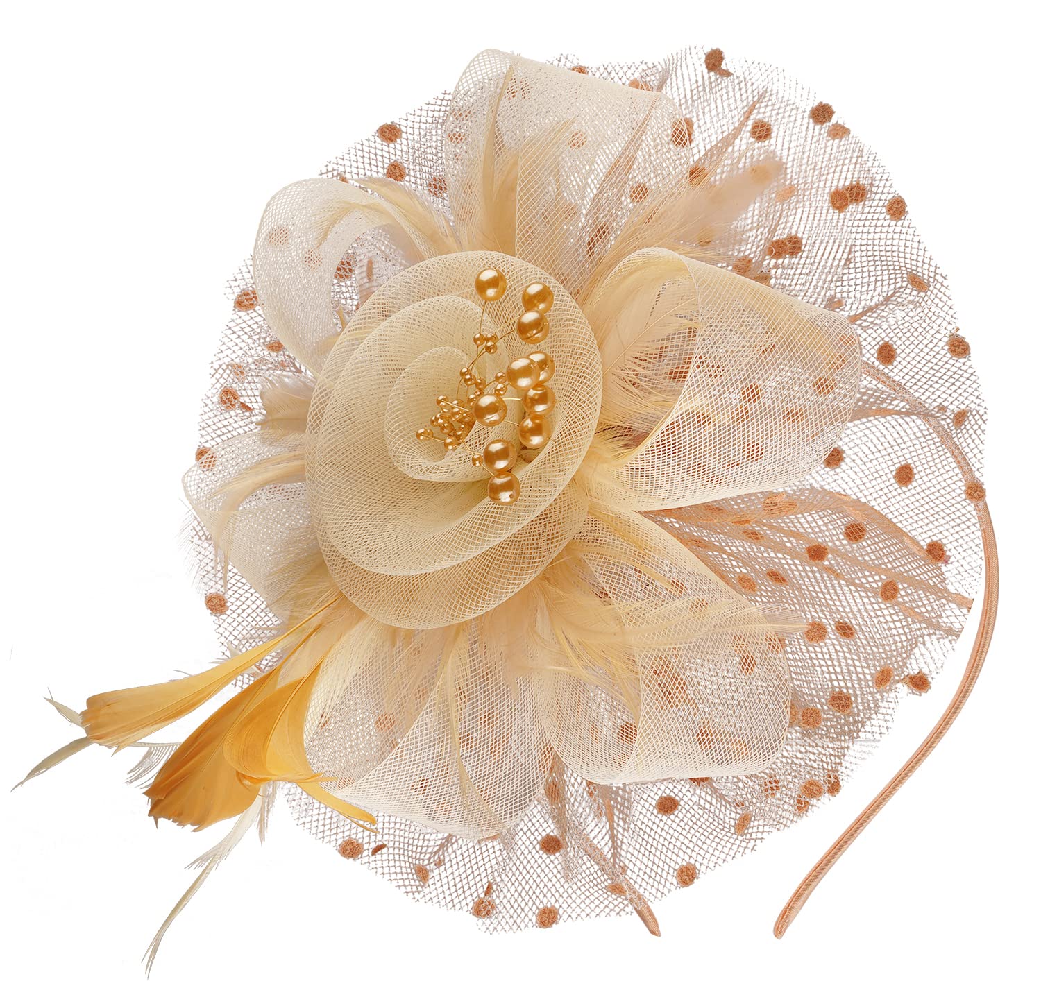 Cizoe Kentucky Derby Fascinators for Women High Tea Party Hat Wedding Cocktail Flower Headware with Mesh and Feathers(Gold&Beige)