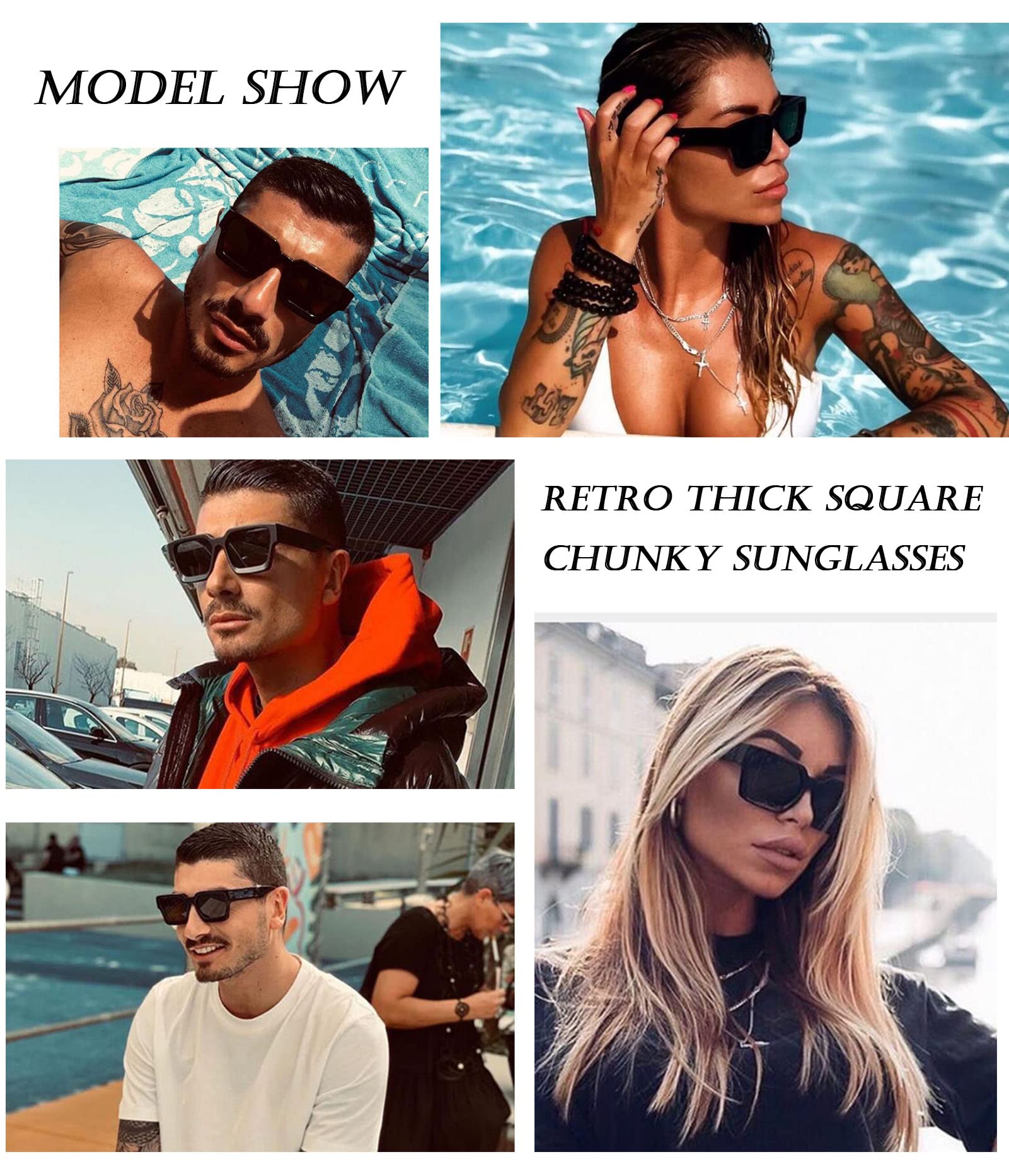 EYLRIM Thick Square Frame Sunglasses for Women Men Fashion Chunky Rectangle Sun Glasses Black Shades(01 Black/Grey)