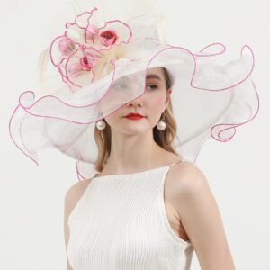 RZTA Women's Kentucky Derby Church Dress Hat Wide Brim Leaf Flower Bridal Shower Hat 01White,Pink