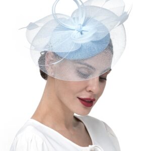 Zivyes Light Blue Tea Party Hat Feather Fascinators for Women Kentucky Derby Hats Wedding Church Pillbox Hat