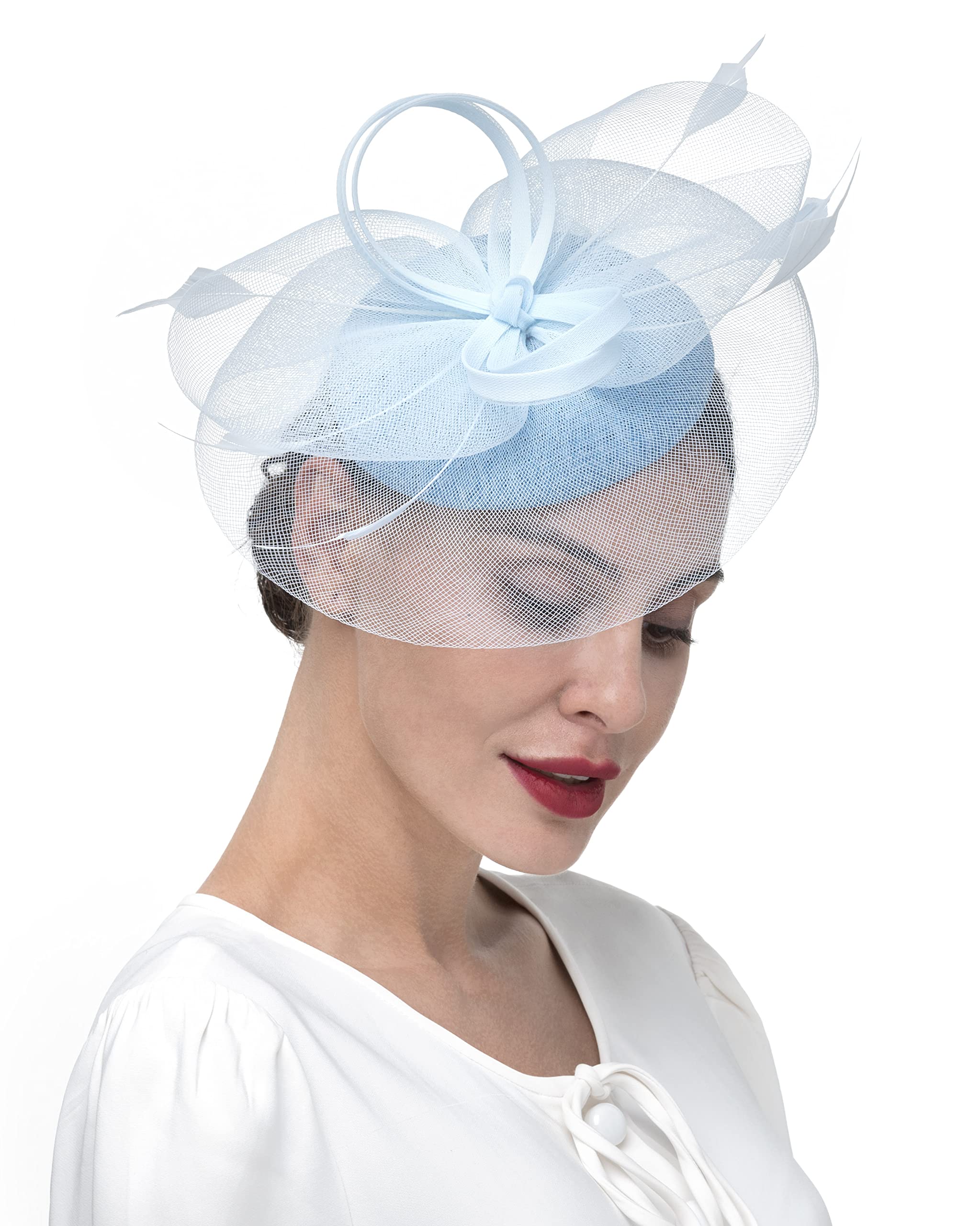 Zivyes Light Blue Tea Party Hat Feather Fascinators for Women Kentucky Derby Hats Wedding Church Pillbox Hat