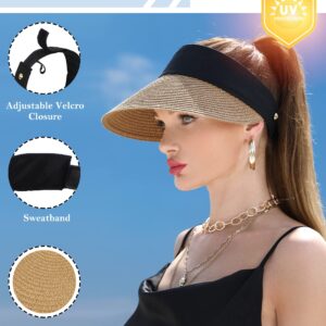 Women Wide Brim Straw Visor Sun Hat UV Protection Packable Beach Cap for Summer UPF 50+(Khaki)