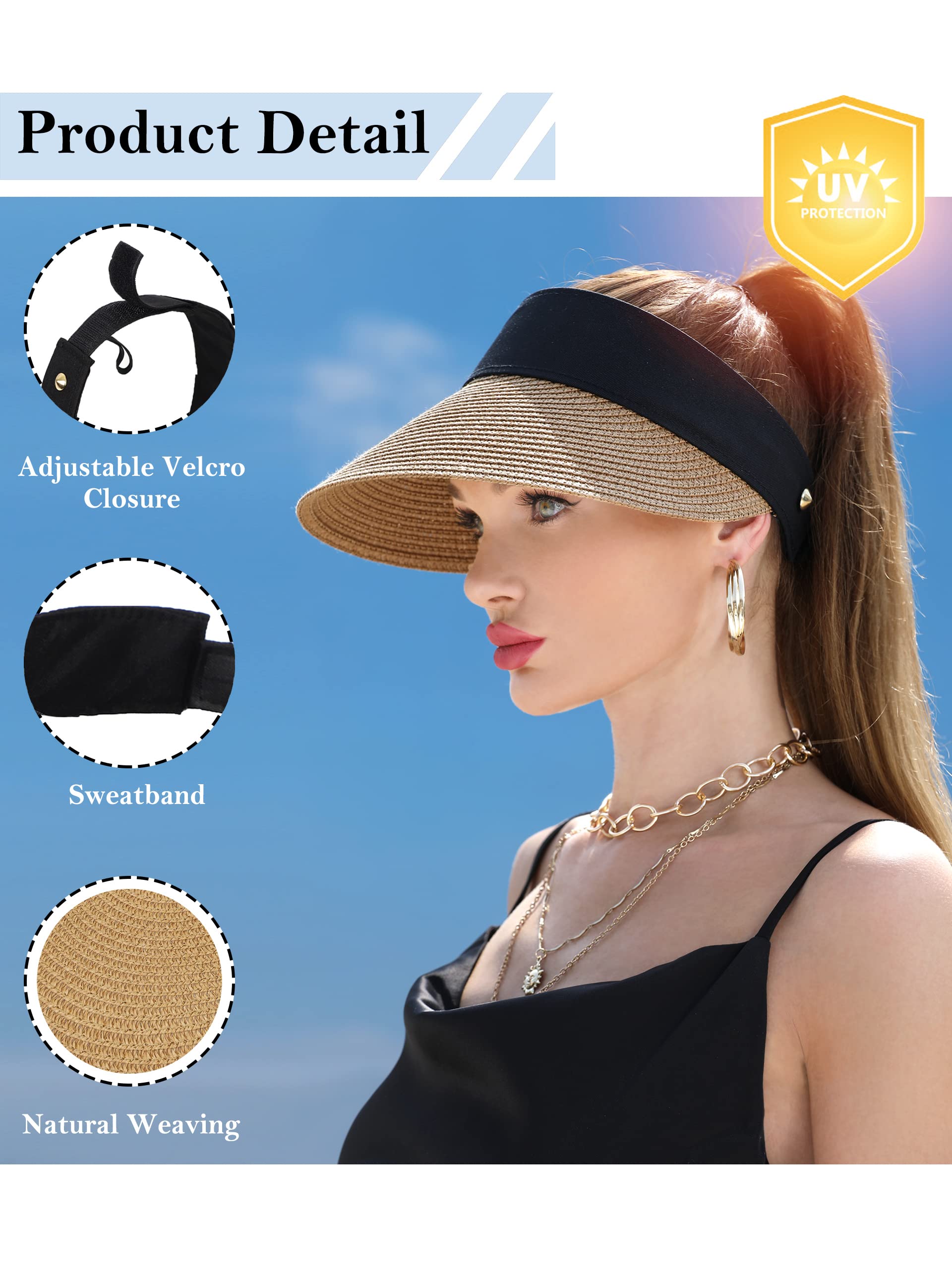 Women Wide Brim Straw Visor Sun Hat UV Protection Packable Beach Cap for Summer UPF 50+(Khaki)