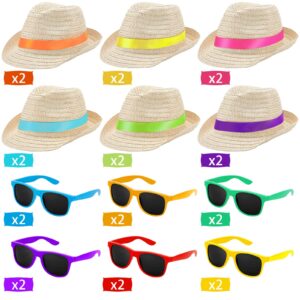 Newcotte 24 Pcs Party Hats, Straw Hats, Fedoraa Hat Bulk, Havana Cubans Party Hats with Sunglass Hawaiian, Birthday Party Supplies