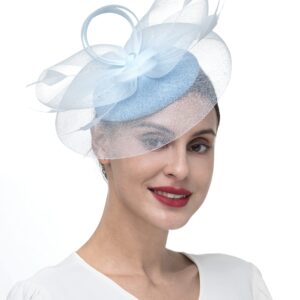 Zivyes Light Blue Tea Party Hat Feather Fascinators for Women Kentucky Derby Hats Wedding Church Pillbox Hat