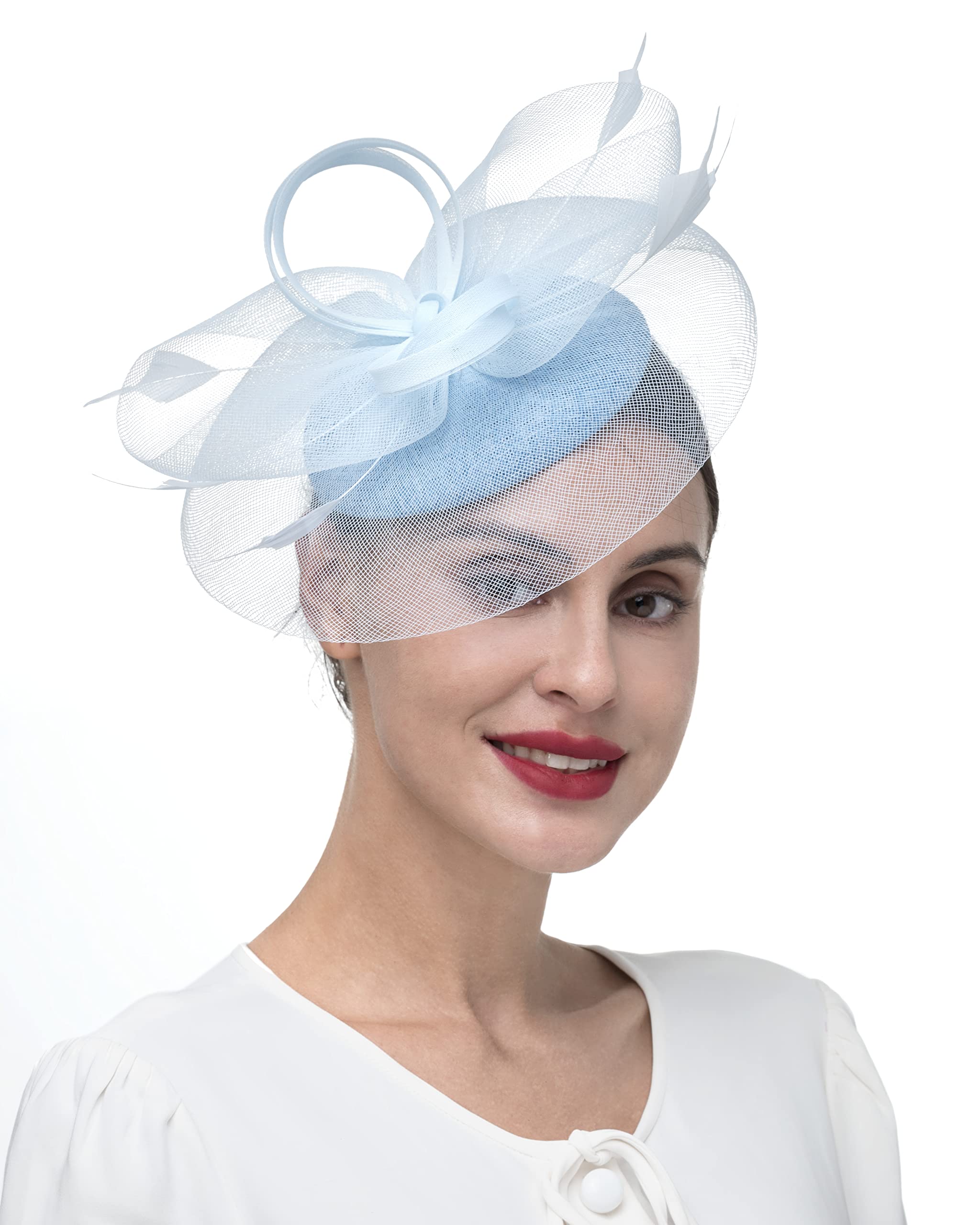 Zivyes Light Blue Tea Party Hat Feather Fascinators for Women Kentucky Derby Hats Wedding Church Pillbox Hat