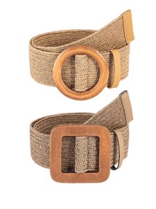 verdusa women's 2 pack buckle elastic straw belts boho waist belt brown 80