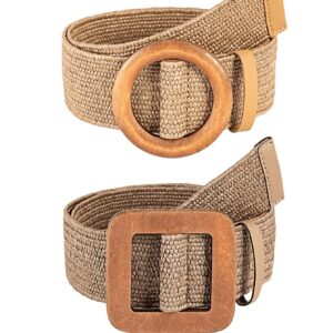 Verdusa Women's 2 Pack Buckle Elastic Straw Belts Boho Waist Belt Brown 80