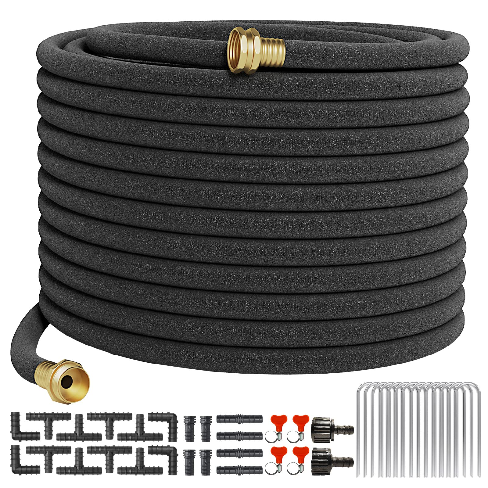 Soaker Hose 150 FT For Garden Beds,Heavy Duty Solid Brass Connector 1/2“ Ruber Drip Irrigation Kit with Hose Stakes&Connector Set for Flower Bed&Yard,Landscaping