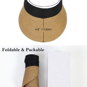 Women Wide Brim Straw Visor Sun Hat UV Protection Packable Beach Cap for Summer UPF 50+(Khaki)