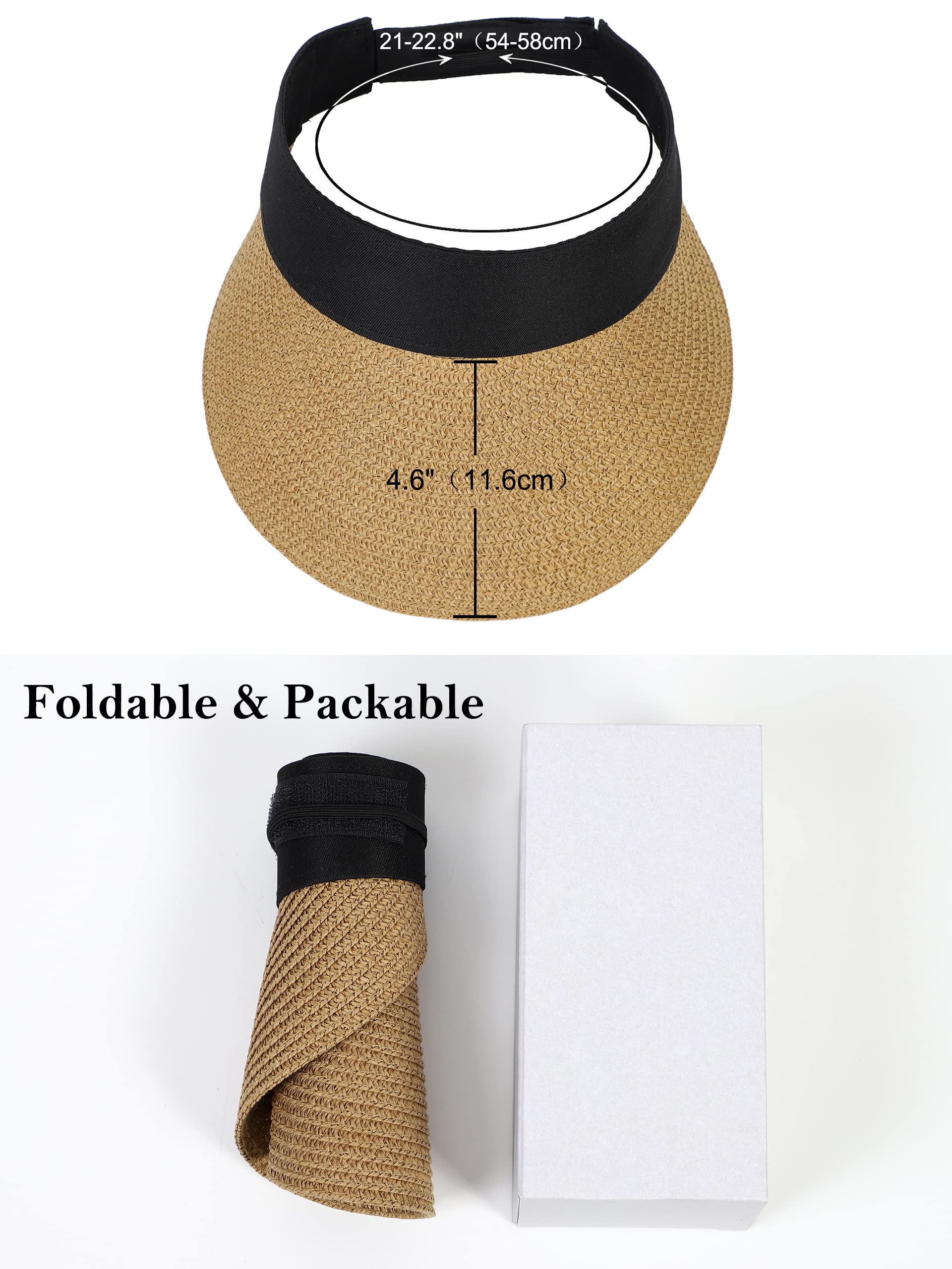 Women Wide Brim Straw Visor Sun Hat UV Protection Packable Beach Cap for Summer UPF 50+(Khaki)