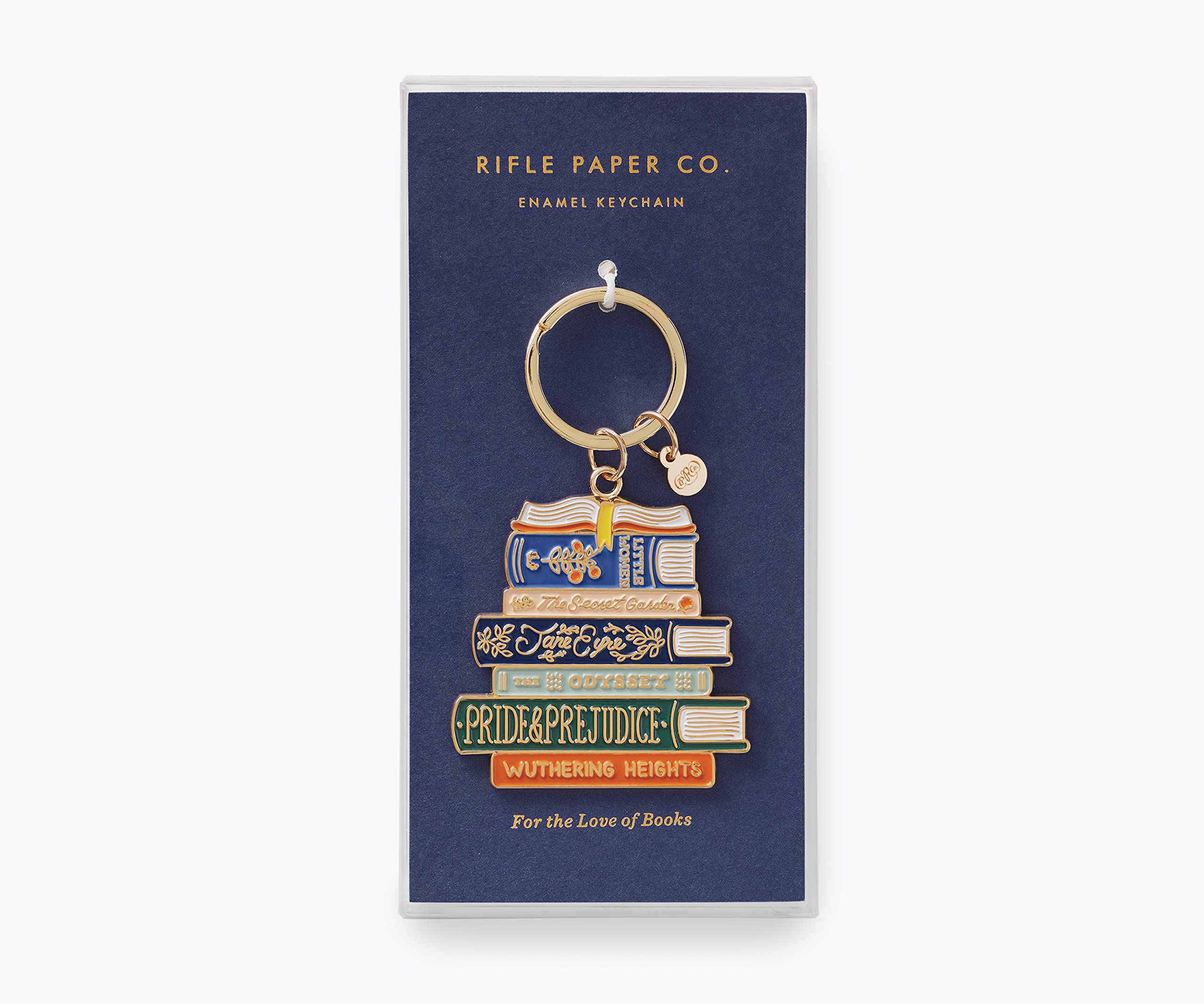 RIFLE PAPER CO. Book Club Enamel Keychain - 1" Brass Keyring Charm, Polished Enamel with a Glossy Finish, 2.4" L x 1.75" W, Perfect for Any Book Lover's Keys