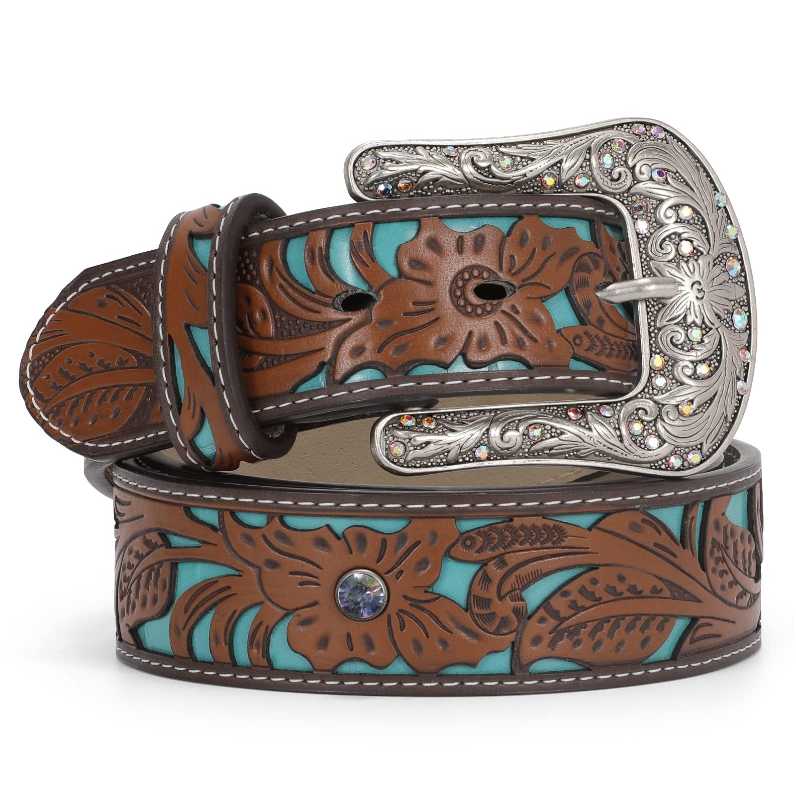 TRIWORKS Western Belts for Women Cowgirl,Cowboy Bling Country Turquoise Belts for Jeans Pants Dresses,B-Brown/Blue