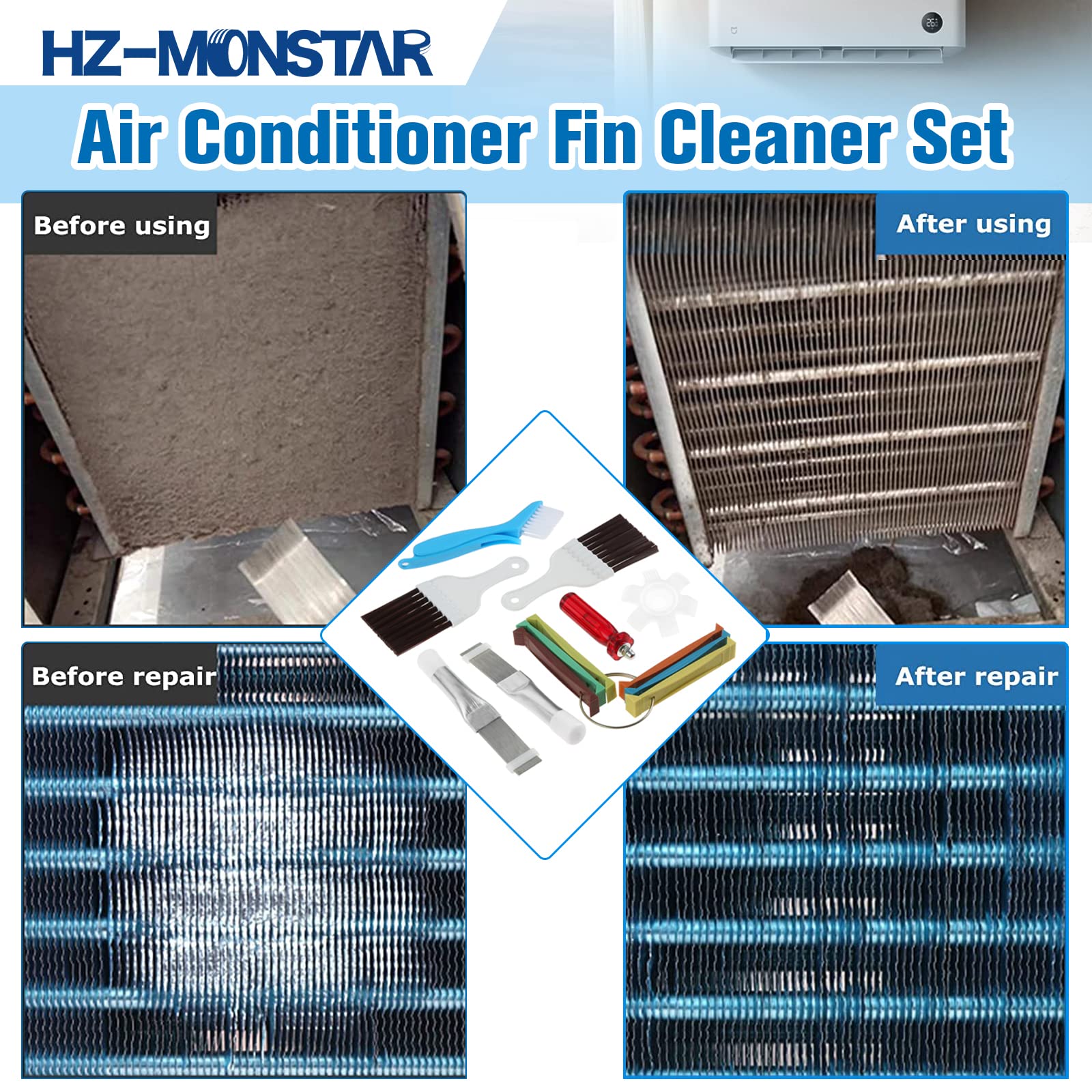 HZ-MONSTAR 7 Pcs Air Conditioner Fin Cleaner Set, 5 Different Ac Fin Comb Condenser Fin Straightener, 2 Different Brush Condenser, AC Coil Cleaner Fin Cleaner Evaporator Radiator Repair Clean Tool