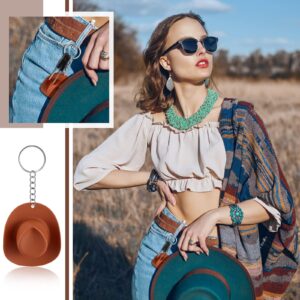 Sureio 12 Pcs Plastic Mini Western Cowboy Cowgirl Hat Keychain for Kids Adult Birthday Bachelorette Party Gifts Wedding Party Favors (Brown)