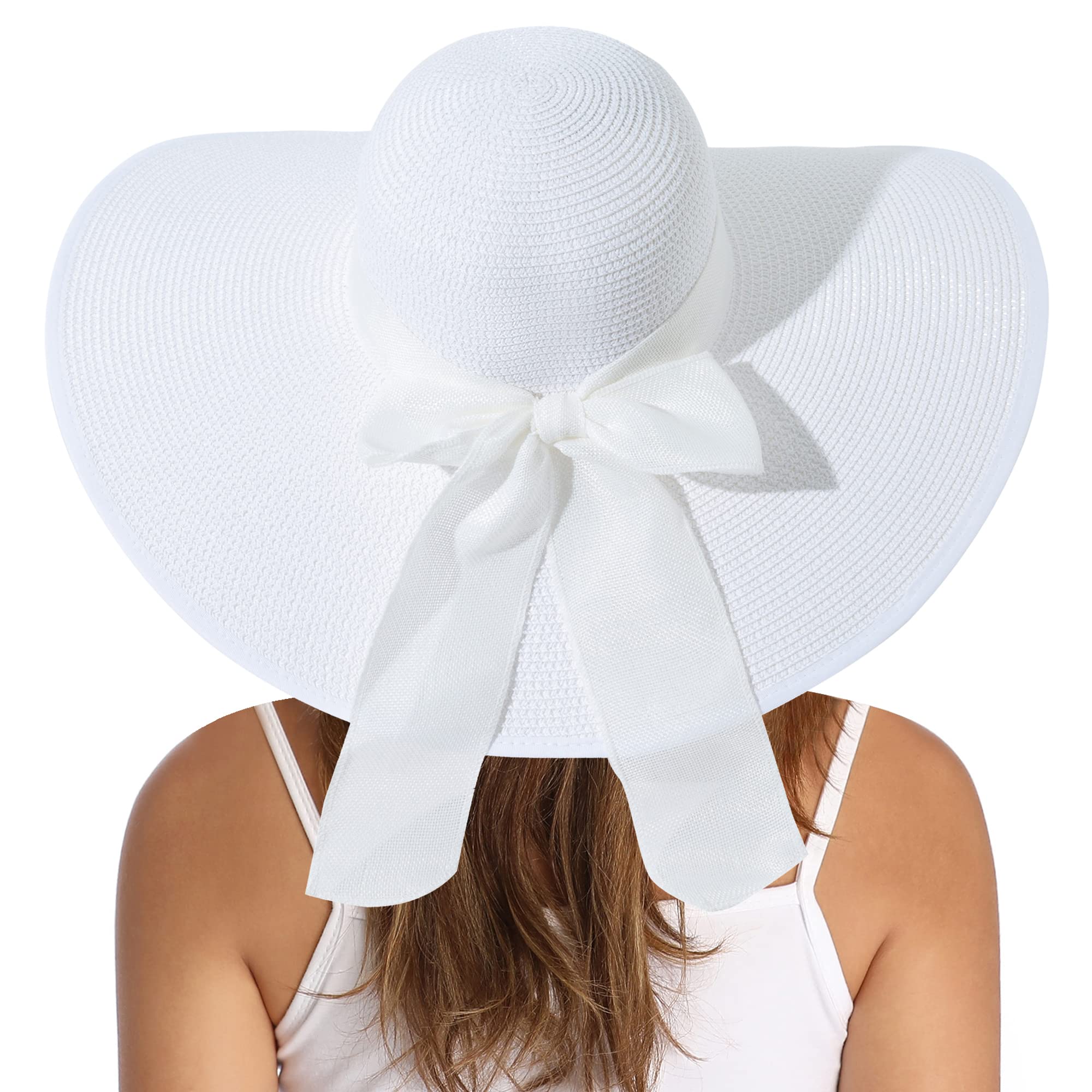 Lanzom Womens 5.5 Inches Big Bowknot Straw Hat Large Floppy Foldable Roll up Beach Cap Sun Hat UPF 50+ Fit Size 6 8/7-7 1/4(White)