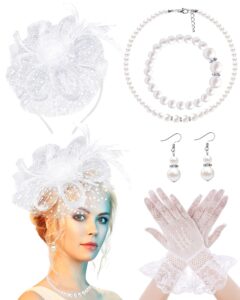 bniksok 5 pack white fascinators hat for women tea party veil mesh headband feather derby hat lace gloves pearl jewelry set for 1920s party